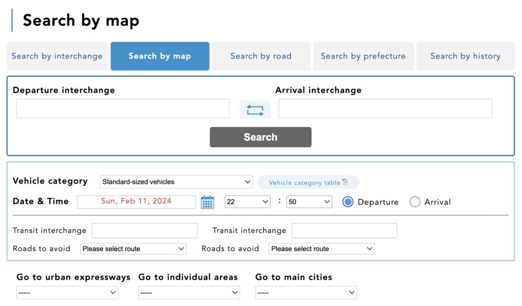 Search Tolls by Map in Japan