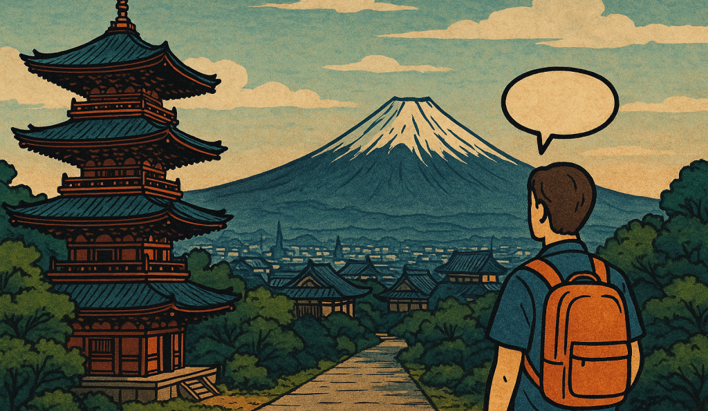 a person looking at mt fuji with a speech bubble above their head